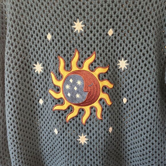 Earthbound Trading Co Celestial Open Knit Sweater Green XL Hippie Boho Cropped - Picture 4 of 9